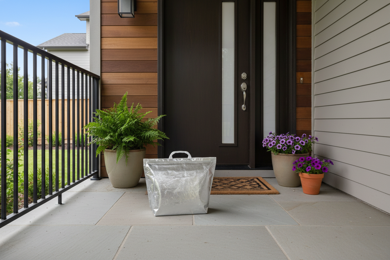 Insulated bag on suburban home porch